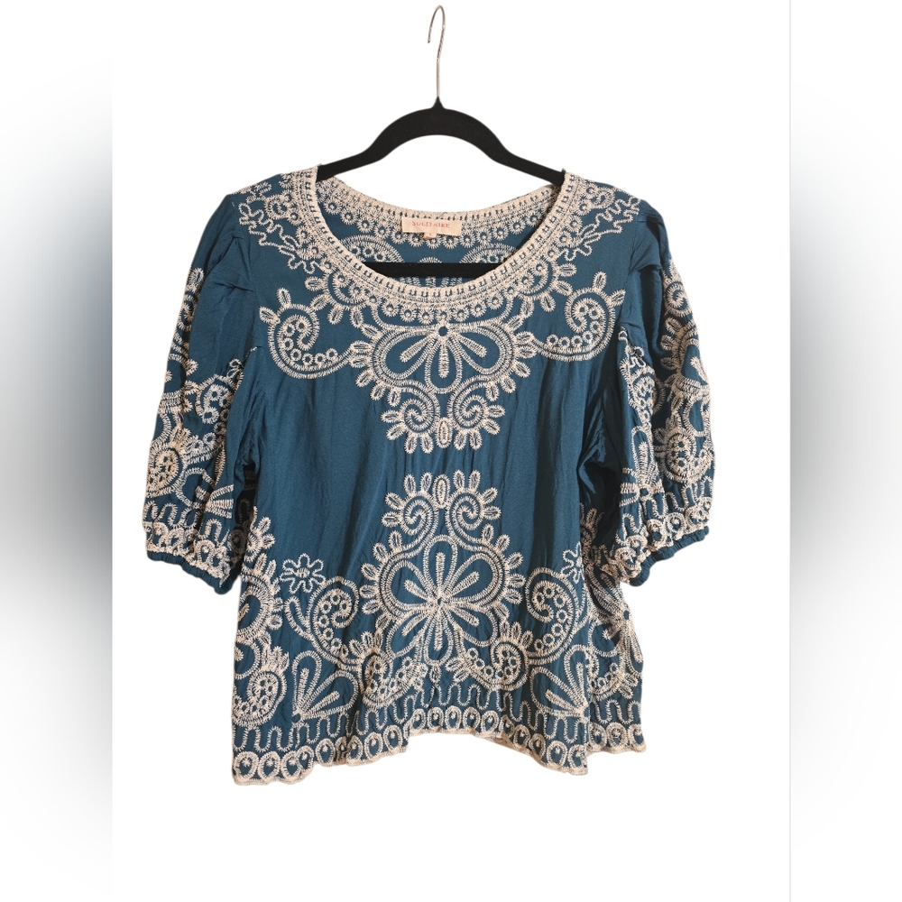 #260. Solitaire Teal Scoop-Neck Embroidered Blouse - Picture 3 of 7